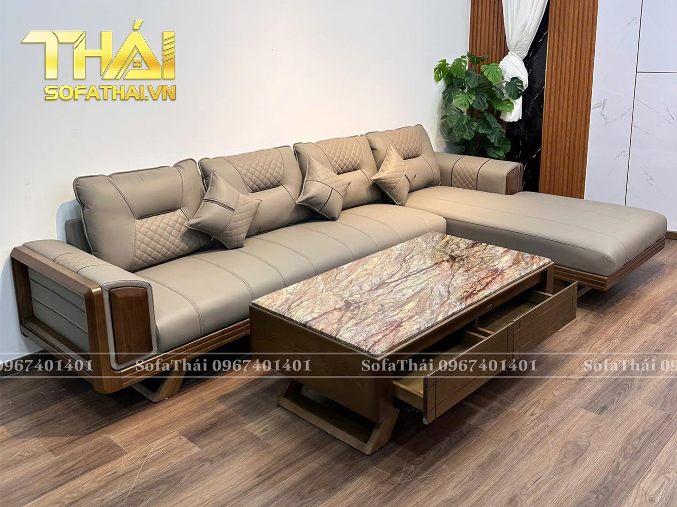 Ghế Sofa Góc L Gỗ Dồi Bọc Da Bàn Trà Nhập Khẩu
