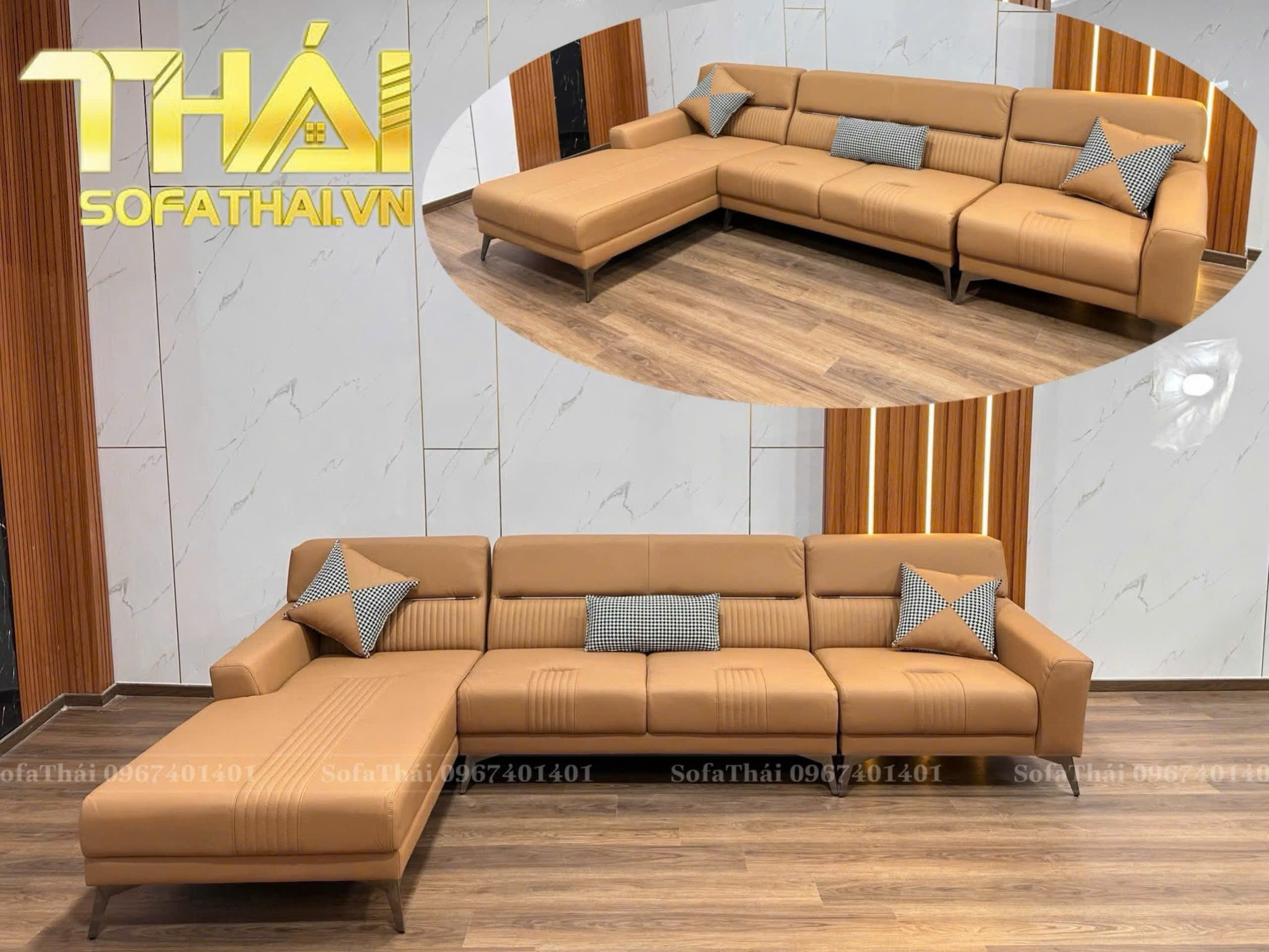 Ghế Sofa Góc L Bọc Da Nappa Màu Cam Nổi Bật