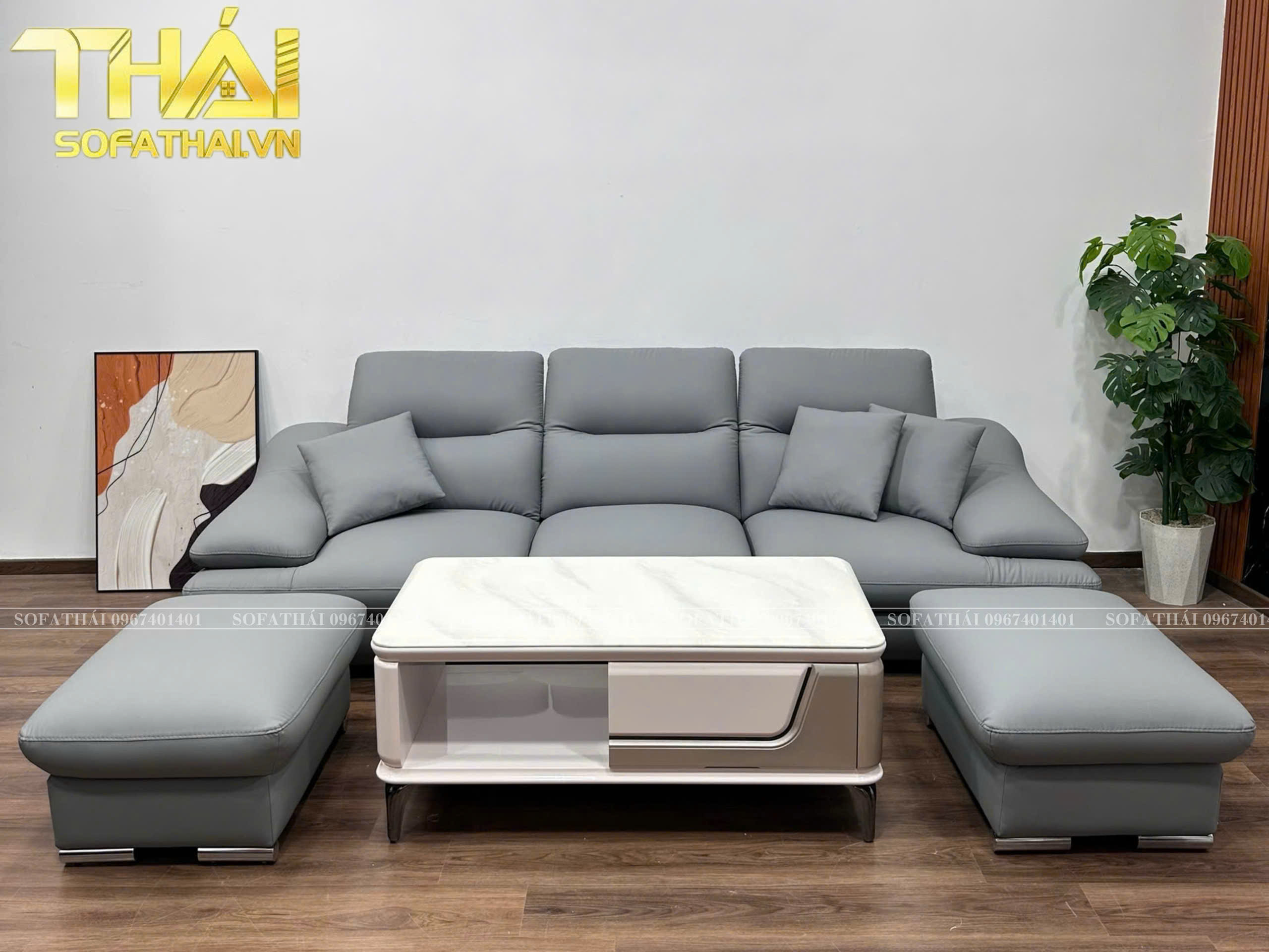 Ghế Sofa Băng + 2 Đôn Và Bàn Trà Nhập Khẩu Mặt Đá Vi Tinh Thể