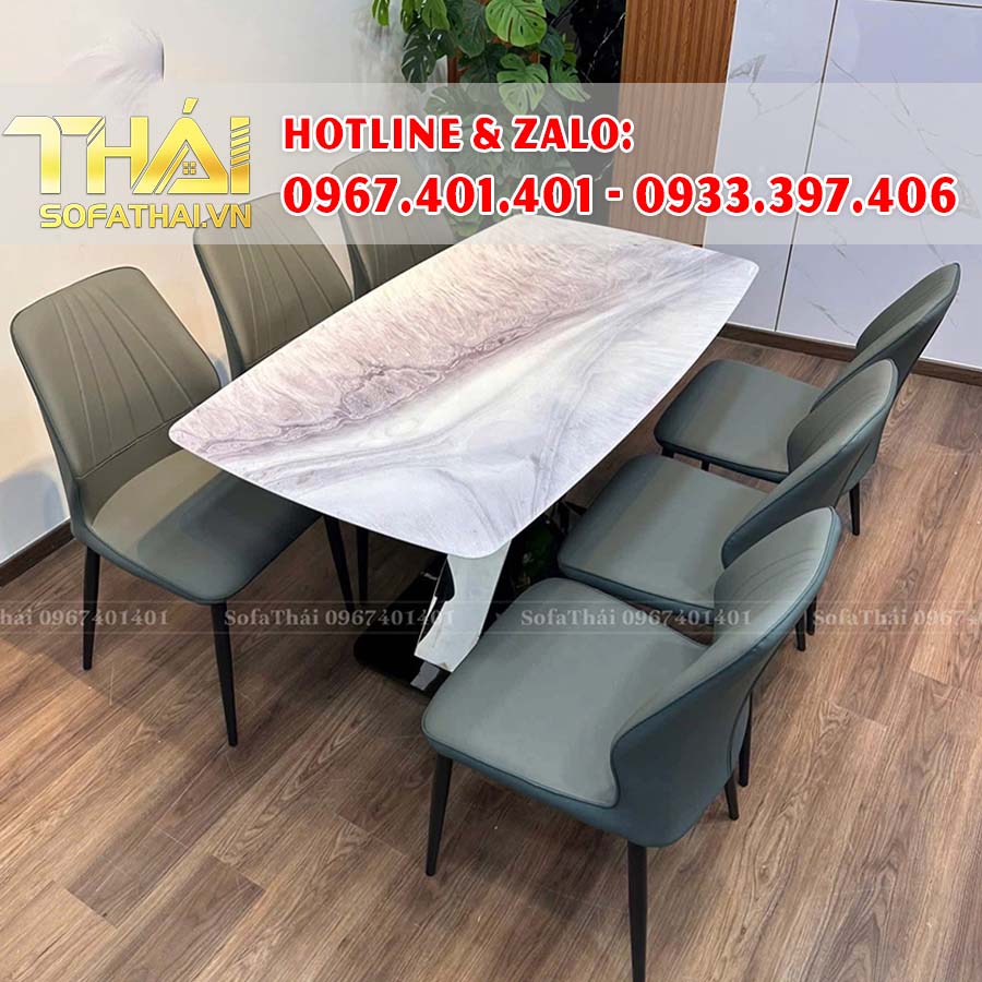 Bàn Ăn Chân chữ X Inox Mặt Đá 6 Ghế