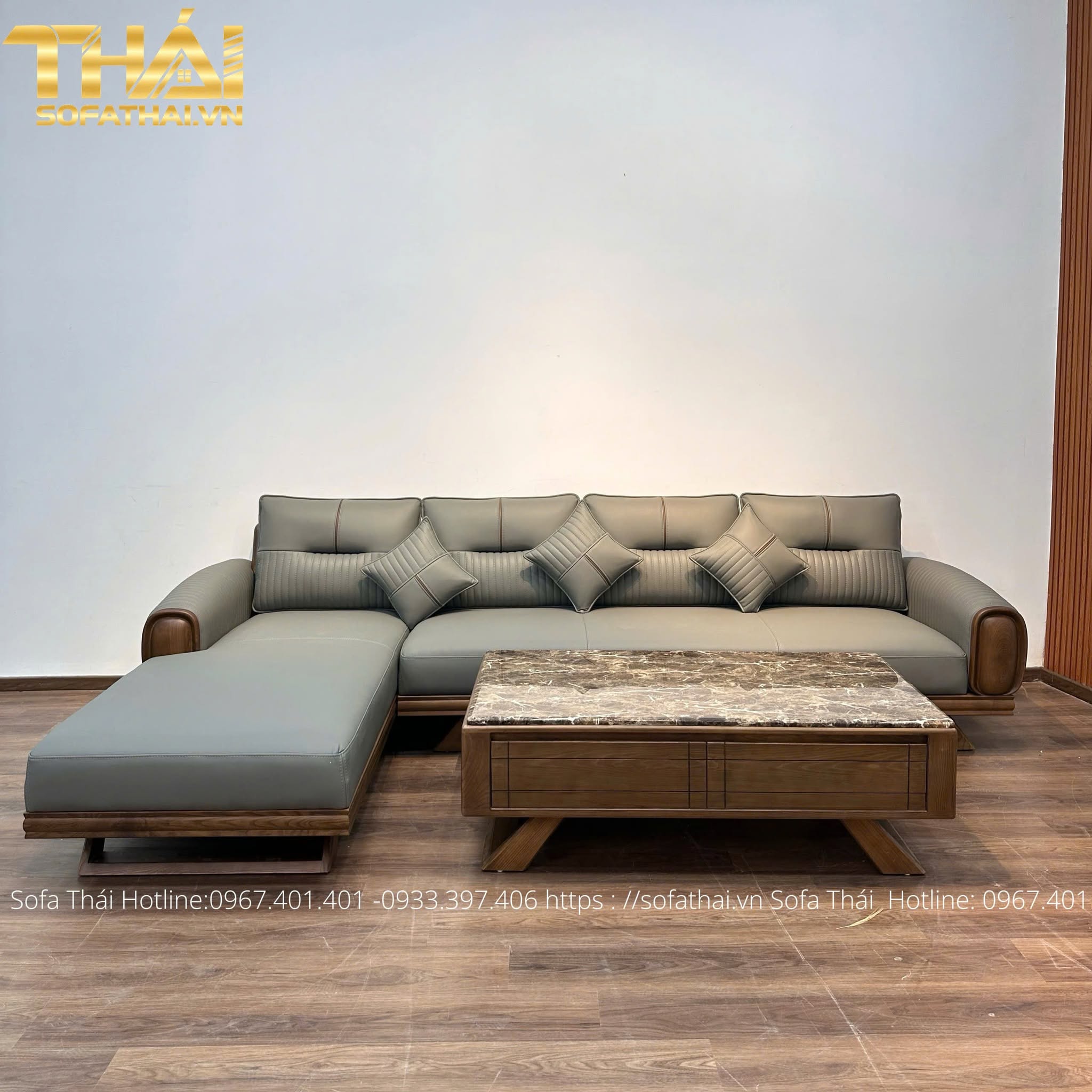 Sofa góc gỗ sồi 3m4 x 1m7 bọc da Microfiber – Thiết kế hiện đại, rộng rãi và sang trọng