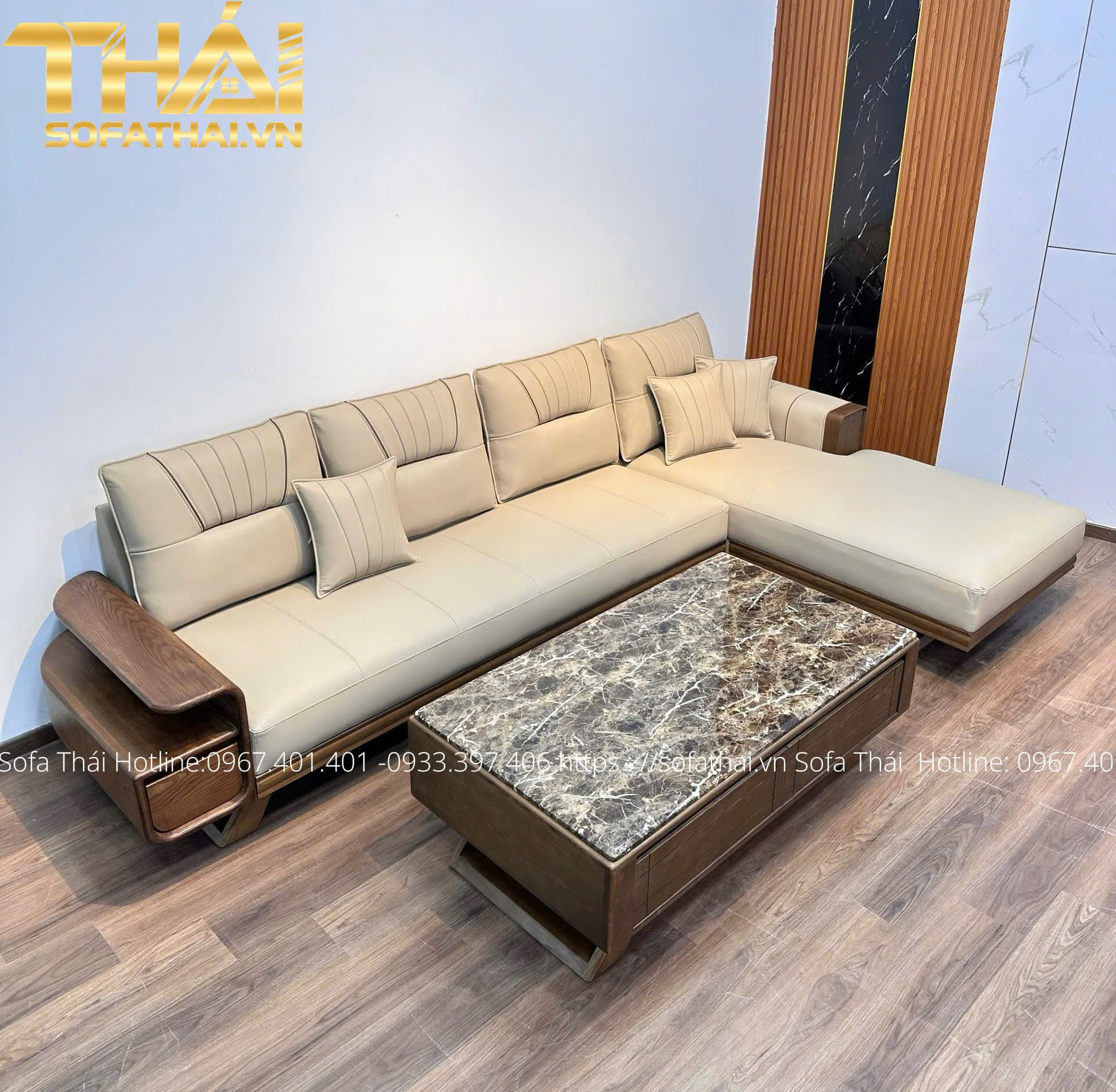 Sofa góc gỗ sồi 3m3 x 1m7 bọc da Microfiber